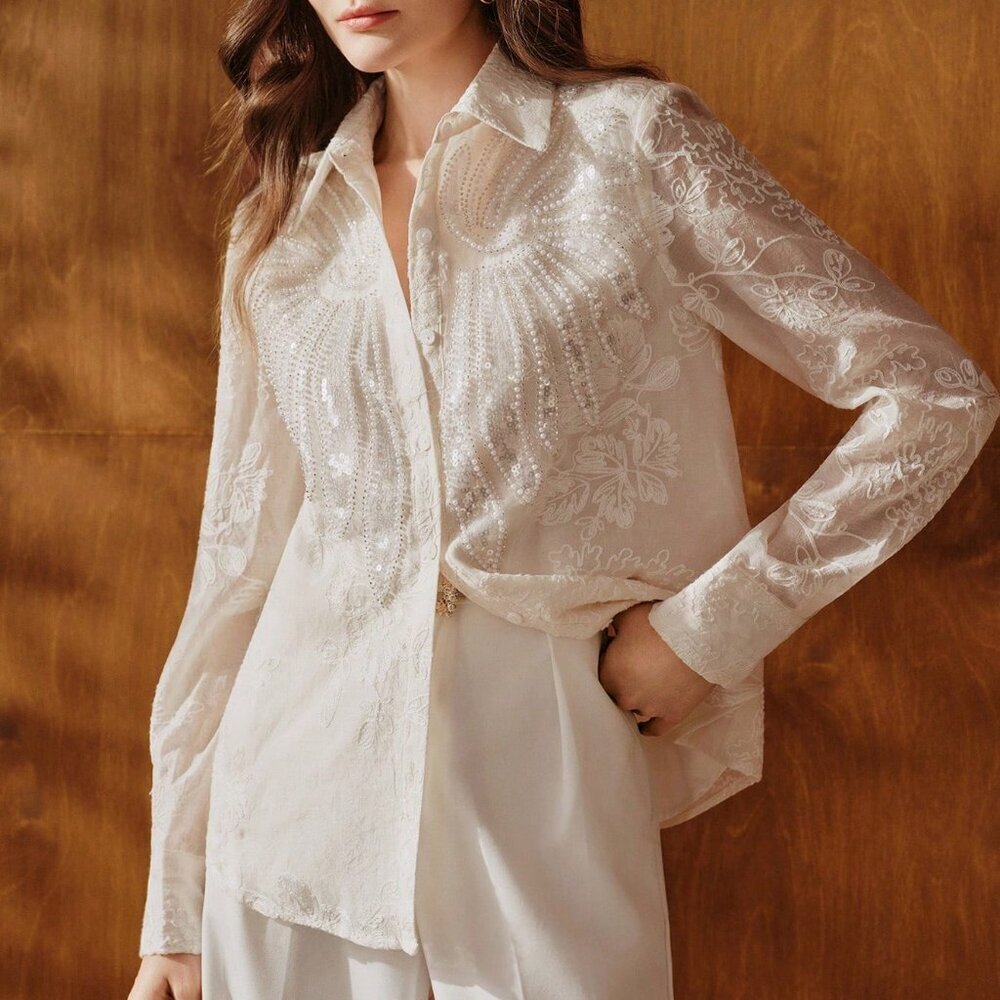 Apricot Casual Women's Beaded Sequin Embroidered Collar Long Sleeve Blouse - Picture 7 of 7